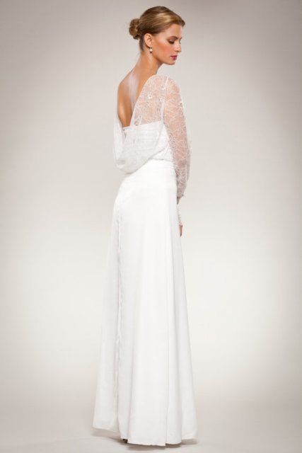 Open Cowl Neck Draped Back Wedding Dress