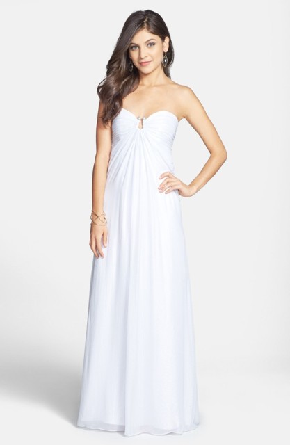 Strapless Foil Chiffon Open Back Gown